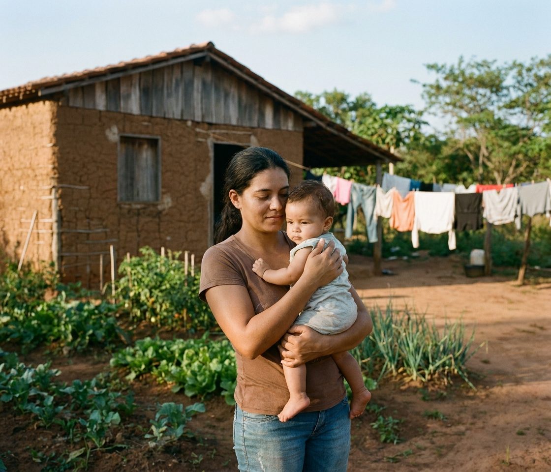 Trabalhadora rural com seu filho em propriedade no interior
