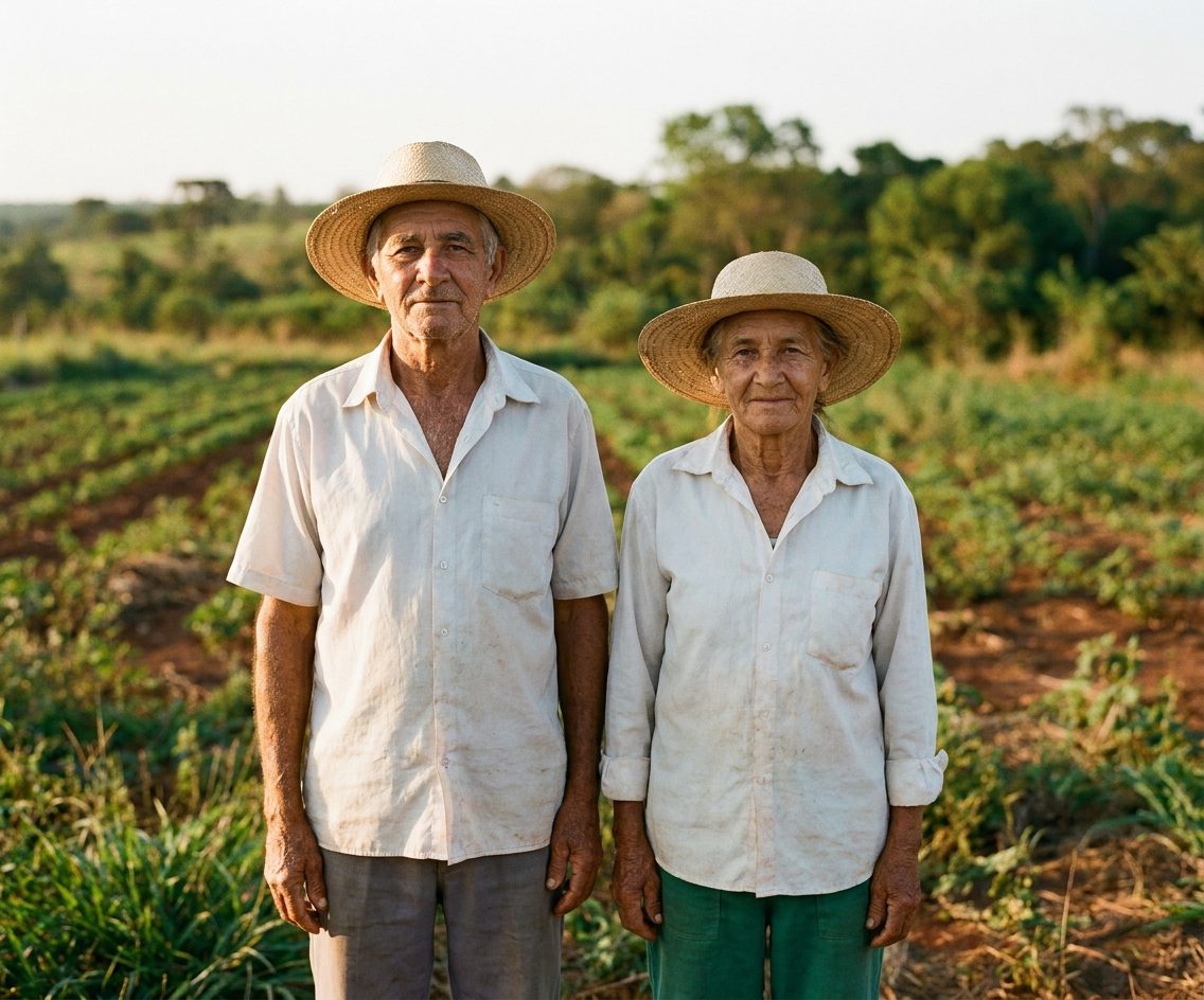 Casal de agricultores idosos em sua propriedade rural